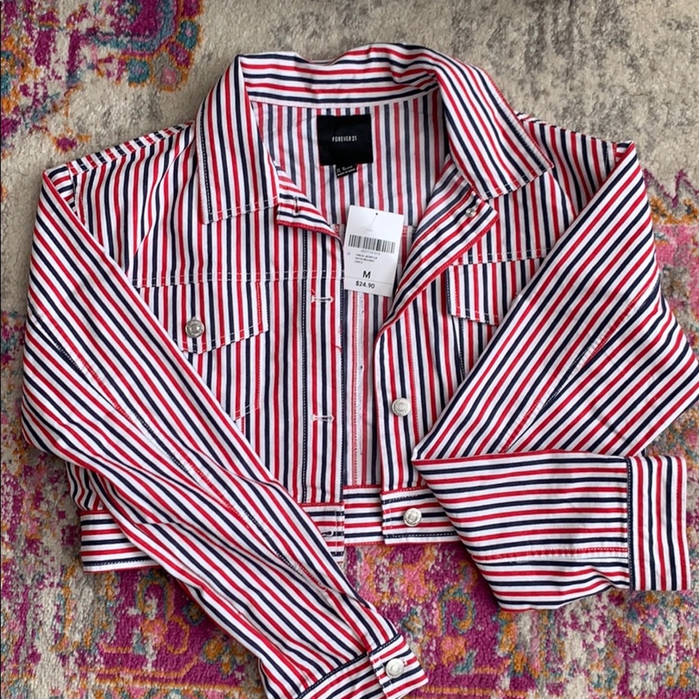 Red White and Blue Cropped Denim Jacket